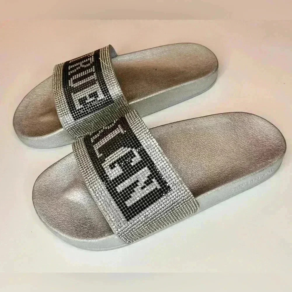 True Religion Women’s Jasmine Crystal Rhinestone Metallic  Silver Slides Size 7 - Picture 6 of 6